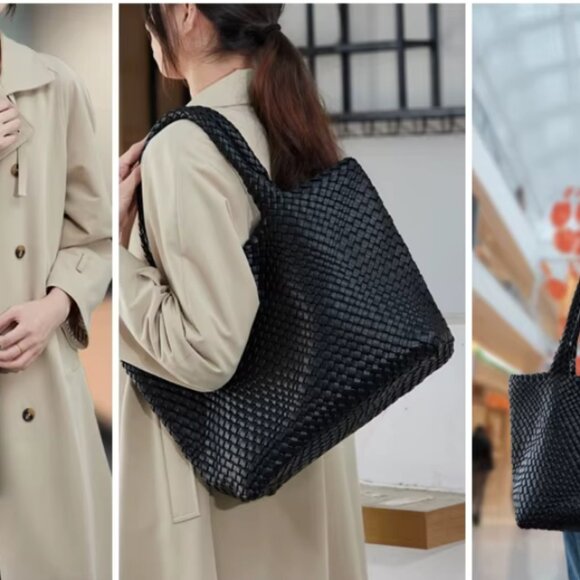 New woven vegan leather shoulder tote - Picture 2 of 11